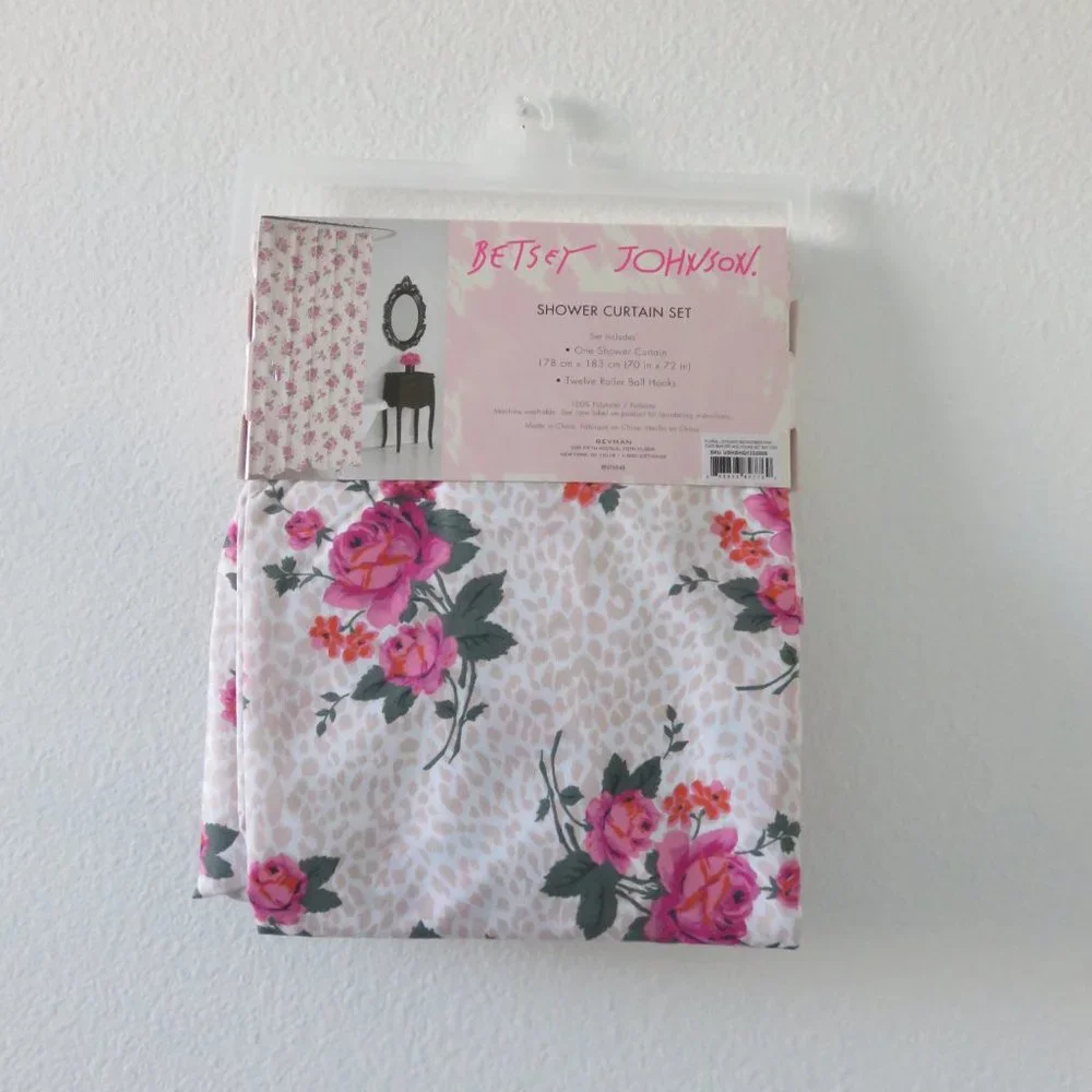 (#A) Betsey Johnson Floral  Leopard Shower Curtain and 12 Ball Hooks